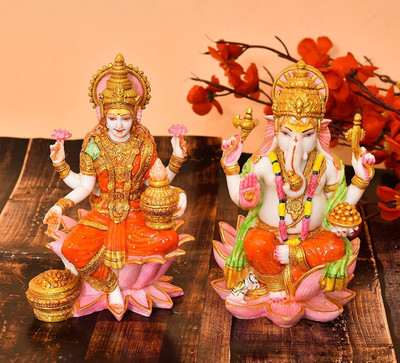 ANSH OUTLET Marble Dust Red Laxmi Ganesh Idol ( Pack Of 2 ) Lakshmi Ganesha Pair For Diwali Decorative Showpiece  -  20 cm(Marble, Multicolor)