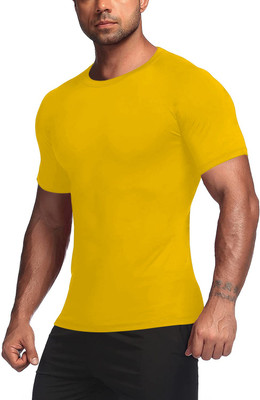 THE BLAZZE Solid Men Round Neck Yellow T-Shirt