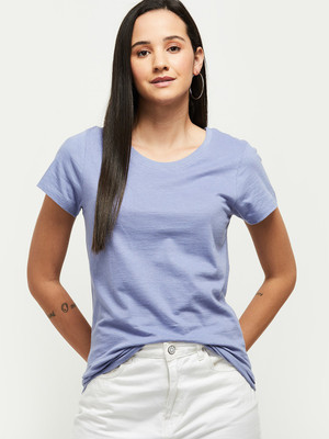 MAX Solid Women Round Neck Blue T-Shirt