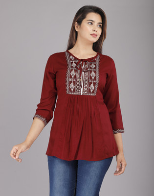 Khushank Casual Printed Women Maroon Top