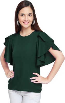 Bluebirdimpex Casual Self Design, Solid Women Green Top