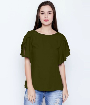 Fashionseye Casual Solid Women Dark Green Top