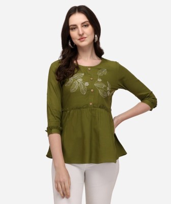 Prettify Casual Embroidered Women Green Top