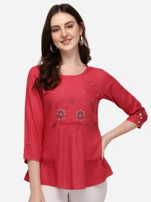 Prettify Party Embroidered Women Red Top