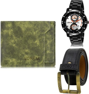 LOREM Belt, Wallet & Watch Combo(Green, Black, Black)