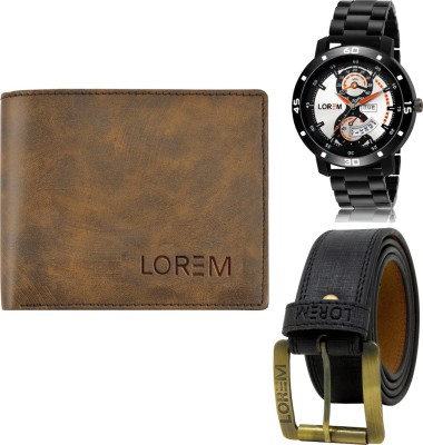 LOREM Belt, Wallet & Watch Combo(Brown, Black, Black)
