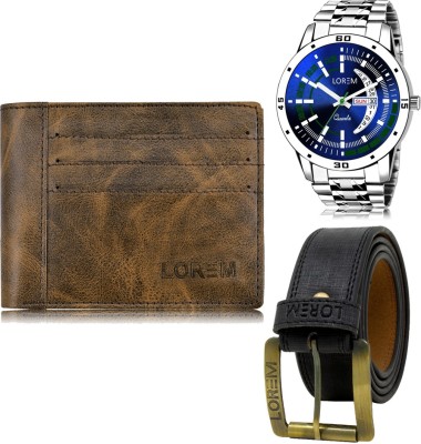 LOREM Belt, Wallet & Watch Combo(Brown, Black, Silver)