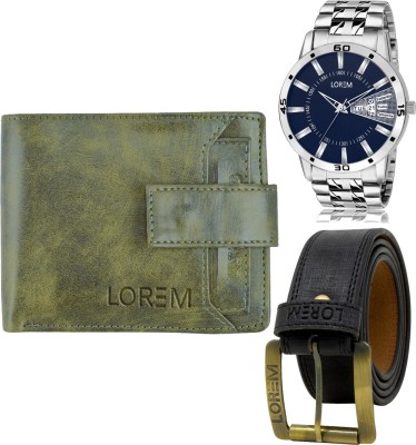 LOREM Belt, Wallet & Watch Combo(Green, Black, Silver)