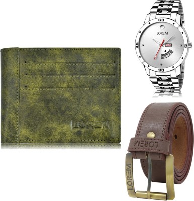 LOREM Belt, Wallet & Watch Combo(Green, Brown, Silver)