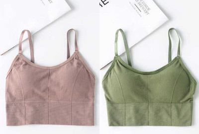 Vinbila Women Sports Lightly Padded Bra(Brown, Green)