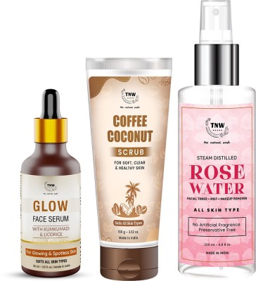 TNW - The Natural Wash Skincare Combo with Glow Face Serum, Coffee Coconut Scrub & Steam Distilled Rose Water | For Glowing & Hydrated Skin(3 Items in the set)