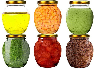 Adhunyk Glass Grocery Container  - 400 ml(Pack of 6, Gold, Clear)