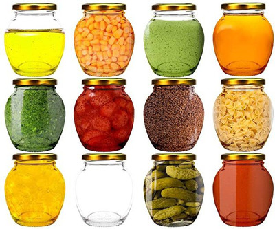 Adhunyk Glass Grocery Container  - 400 ml(Pack of 12, Gold, Clear)