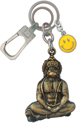 SHOKY LOOKS Double Sided Metal Hanuman ji With Yellow Smiley Locking Lock Antique Key Chain