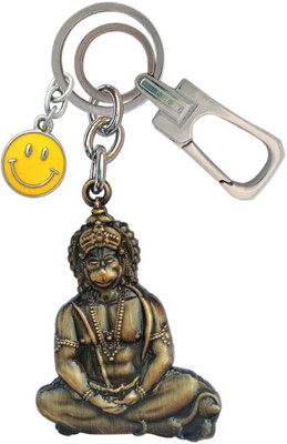 HANDSOME ISK Double Side Hanuman ji With Yellow Smiley Chorme Finishing Locking Hook Key Chain