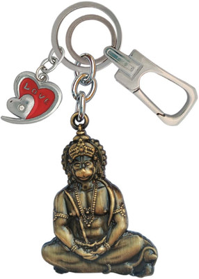 HANDSOME ISK Double Side Hanuman ji With Red Silver Heart Small Stone Locking Hook Lighweight Key Chain