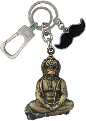 SHOKY LOOKS Double Sided Metal Hanuman ji With Black Mustech Locking Lock Antique Key Chain