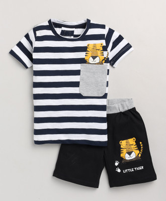 Lazy Shark Boys Striped Multicolor Top & Shorts Set