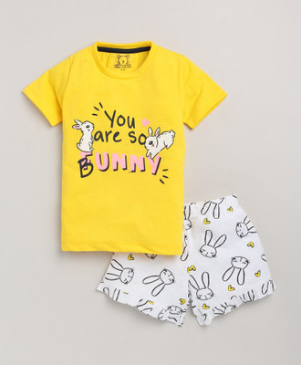 Lazy Shark Girls Printed Multicolor Top & Shorts Set