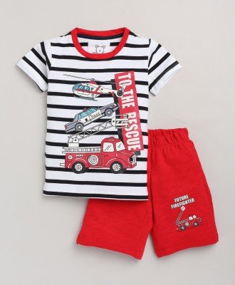 Lazy Shark Boys Printed, Striped White Top & Shorts Set