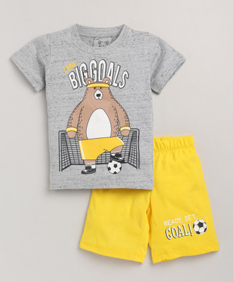 Lazy Shark Boys Printed Grey, Yellow Top & Shorts Set
