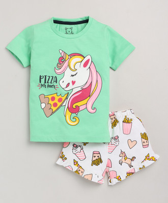 Lazy Shark Girls Printed Green Top & Shorts Set