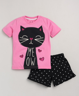 Lazy Shark Girls Printed Multicolor Top & Shorts Set
