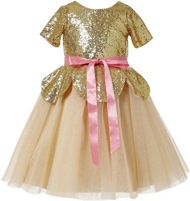 Fairy Dolls Girls Maxi/Full Length Party Dress(Gold, Half Sleeve)