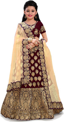 Kedar Fab Girls Lehenga Choli Ethnic Wear Embroidered Lehenga, Choli and Dupatta Set(Maroon, Pack of 1)