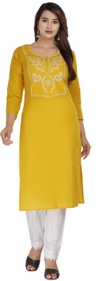 P PRIYA FASHION Women Embroidered Straight Kurta(Yellow)