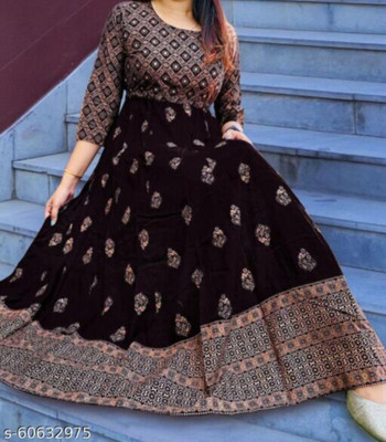 BRAHMASTRA Women Printed Anarkali Kurta(Black)
