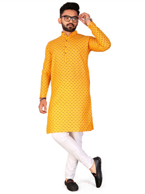 FRELURO Men Printed Straight Kurta(Yellow)
