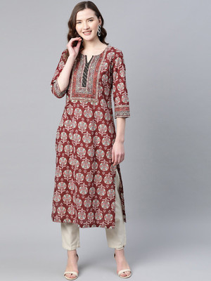 Rain & Rainbow Women Printed Straight Kurta(White, Maroon)