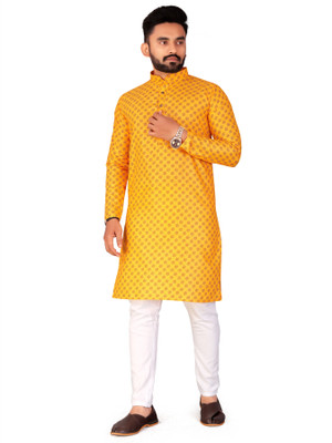 FRELURO Men Printed Straight Kurta(Yellow)
