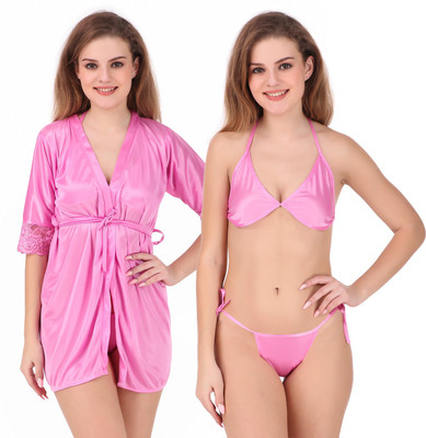 Peignoir Women Robe and Lingerie Set(Pink)