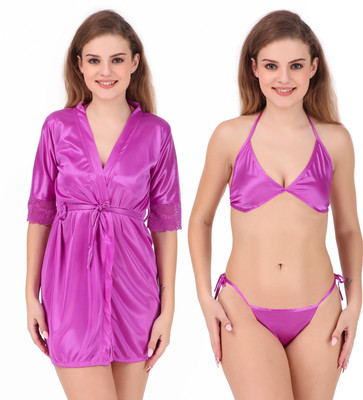 Peignoir Women Robe and Lingerie Set(Purple)