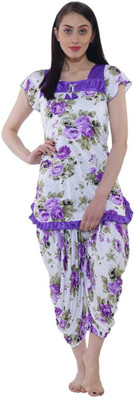 Cotovia Women Printed White, Purple Top & Pyjama Set