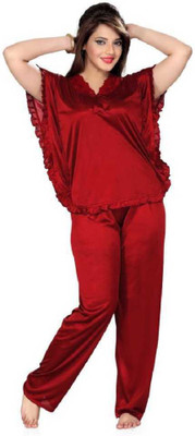 Mansey Women Solid Maroon Top & Pyjama Set