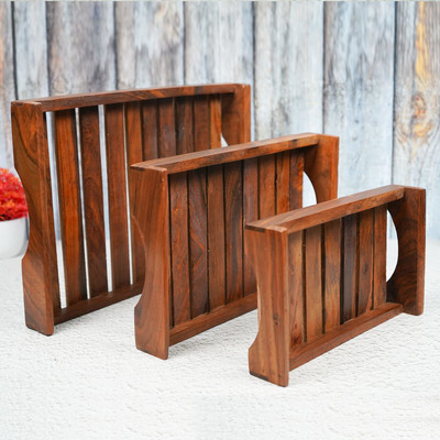 Naayaab Craft Pakka Sheesham Wooden Serving Multipurpose Handmade & Handcrafted Rectangular Serving Platter Tray(Pack of 3)