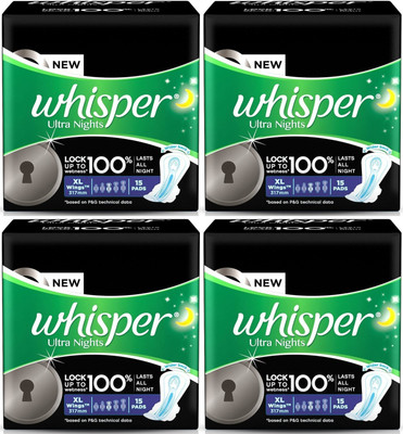 Whisper Ultra Night XL wings 15+15+15+15 pads Sanitary Pad (Pack of 4)