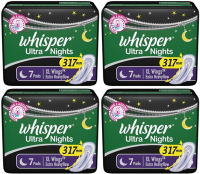 Whisper Ultra Night Extra XL wings 7+7+7+7 pads Sanitary Pad (Pack of 4)