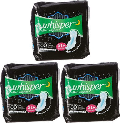 Whisper Ultra Night sanitary XL+ 15+15+15 pads Sanitary Pad (Pack of 3)