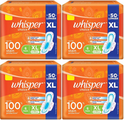 Whisper Choice ultra XL 6+6+6+6 pads wings Sanitary Pad (Pack of 4)
