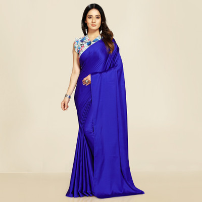 DHYANOM Solid/Plain Daily Wear Satin Saree(Dark Blue)