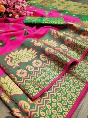 Fancy Fab Color Block, Temple Border, Striped, Woven, Embellished, Animal Print, Solid/Plain, Checkered Paithani Pure Silk, Cotton Silk Saree(Green, Pink)
