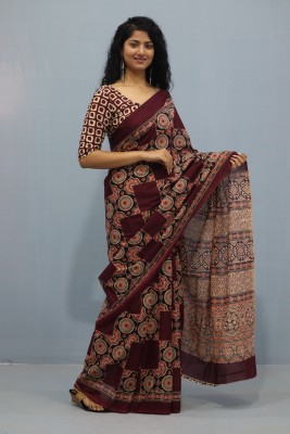 Kiaaron Hand Painted, Printed, Self Design, Blocked Printed Ikkat Pure Cotton Saree(Maroon)