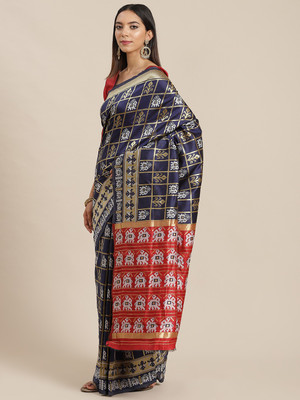 KAVINDI Printed Patola Cotton Silk Saree(Blue)