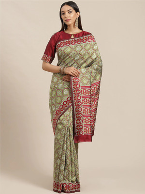 KAVINDI Printed Patola Cotton Silk Saree(Light Green)