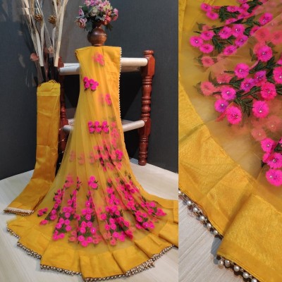 JSItaliya Floral Print Bollywood Net Saree(Mustard)