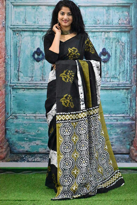 DASTKARPRINT Printed, Color Block, Blocked Printed, Floral Print, Dyed Daily Wear Pure Cotton Saree(Green)